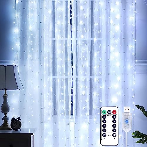 Yizhet Tenda Luminosa 3m x 3m 300 LED Tenda di Luci 8 Modalità, Luci per Tendina con Telecomando e Timer Luci di Tenda LED Impermeabile IP65 per Festa, Matrimonio, Natale (Bianco Freddo)