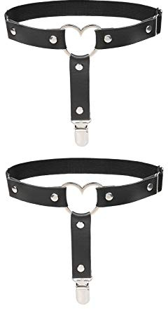 alisikee 2pcs Adjustable Heart Thigh Garter with Anti-Slip Clips, Elastic Punk Leg Garters for Ladies, Black