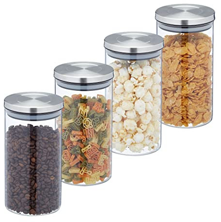 Relaxdays Vorratsgläser 4er Set, 1000ml Nudelglas, luftdicht, Edelstahldeckel, Vorratsdose für Küche, transparent/silber