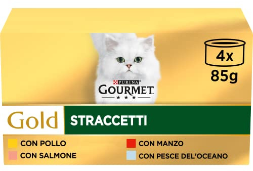 Gourmet Purina Gold Straccetti Cibo Umido per Gatti con Manzo, Pollo, Pesce dell'Oceano e Salmone, 4 buste da 85 g