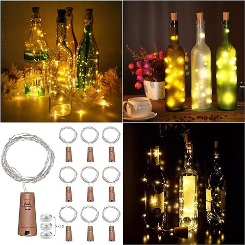 Akynite Bottle Cork Lights Warm White, 20 LEDs 2M String Fairy Lights, LED Gin Wine Bottle Lights for Dinner Party, Decoration Light for Wedding, Garden Table, Bedroom, Gift for Xmas, Pack of 10
