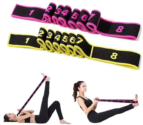Flyicloud 2Pcs Elastico Fasce di Resistenza, Cinghia Yoga con 8 Passanti, Fascia Elastica Fitness, Stretching Band per Allenamento, Danza, Stretching, Pilates, Yoga