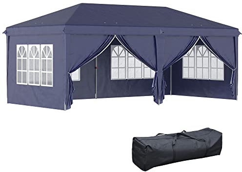 Outsunny Carpa Plegable 6x3x2,7 m Cenador de Jardín Gazebo Plegable con 4 Paneles 4 Ventanas 2 Puertas con Cremallera 1 Bolsa Anti-UV Impermeable para Exterior Terraza Patio Playa Azul