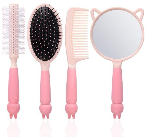 Zssxysm Set di 4 Spazzola per Capelli e Specchio a Mano per Bambine Donne, Spazzola Districante per Capelli, Pettine Capelli da Viaggio, Spazzola Rotonda Styling Capelli Ricci per Capelli (Rosa)