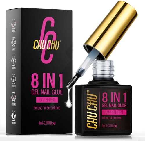 Nagelkleber für Kunstnägel Gel 8 in 1: CHUCHU Extra Stark UV Nagelkleber Nail Glue für Press on Nails Nageltips Fake Nails Künstliche Nägel 8ml