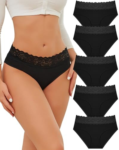 READY TO LOVE Bragas Mujer Algodon Media Cintura Brasileño Hipster Transpirable y Cómodo Ropa Interior de Mujer Encaje Braguitas Pack de 5 Múltiple S-XXL