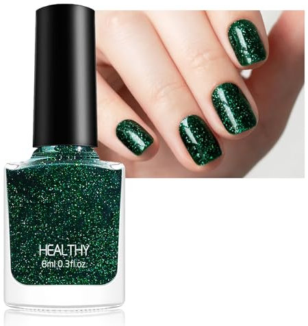 Green Nail Polish, Glitter Nail Polish, Dark Green Quick Dry Sparkly Shimmer Nail Varnish, Long Lasting Breathable Soak off UV/LED Lamp Nail Art Manicure for Women