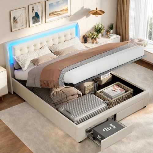 FEEOHOME Lit Double rembourré 140x190 cm, lit Multifonction avec sommier à Lattes et Espace de Rangement, Lit 2 Personnes avec LED, Cadre de lit pour Adulte Adolescent, Velours