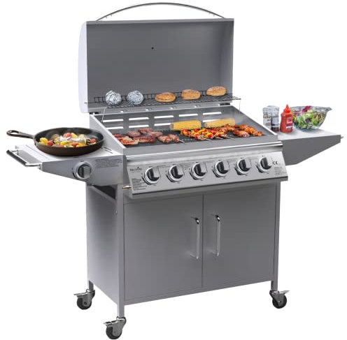 BIllyOh Huntsville Stainless Steel 6 Burner Gas BBQ Grill + 1 Side Stove, Table, Rack, Thermometer and Storage - Outdoor Gas Burner with Cast Iron Barbecue Grill Outdoor Kitchen for Patio and Garden