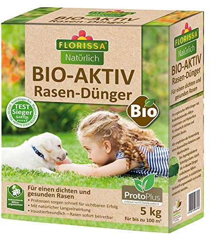 Florissa Natürlich 58656 Bio-AKTIV Rasendünger mit ProtoPlus, TEST-SIEGER mit Sofort- und Langzeitwirkung, Braun