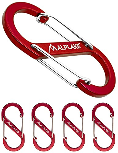 ALPLAKE ® - Juego de 4 mosquetones de material, mosquetones dobles, micromosquetones, forma de S, 88 x 40 mm, color rojo