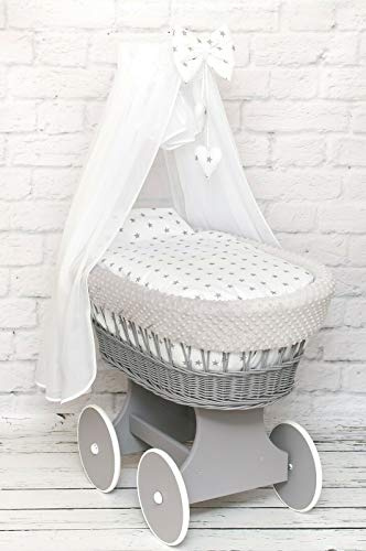 Wicker Baby Moses Basket Stand on Wheels Bassinet Crib with Full Bedding Set Liner Cover Canopy and Mattress - Dimple Grey/Small Stars On White
