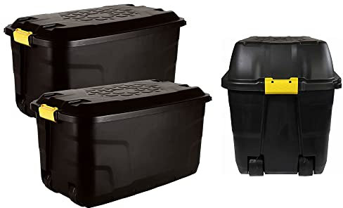 STAR SUPPLIES Heavy Duty Large Black Storage Trunks Ideal For Indoor & Outdoor Use With Lids Wheels & Yellow Handles (190 Litre (WITH WHEELS), 1 Storage Box)