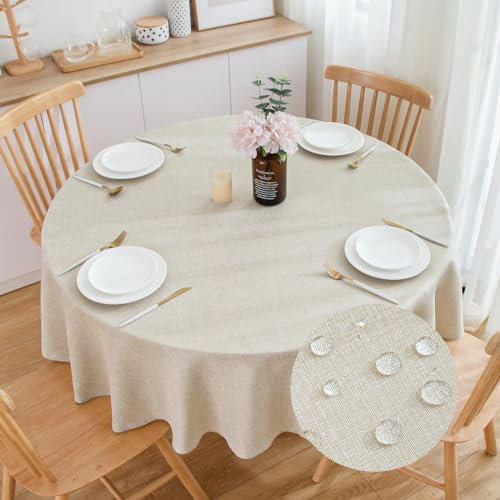 SPRICA Round Tablecloth 160cm Diameter Water Resistance Linen Texture Spill Proof Wipeable Table Cover Solid Colour Circle Cover, Linen Colour