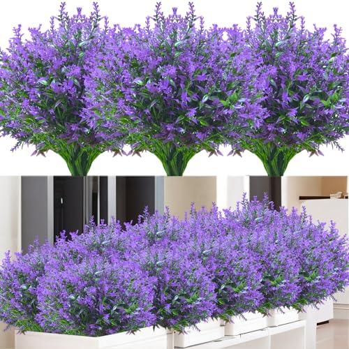 Kinisty Artificial Outdoor Plants and Flowers 12 Bundles Purple Lavender | UV Resistant. Decorations for Outside Garden, Window Boxe & Hanging Basket.