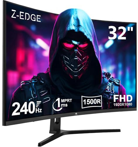 Z-Edge Monitor Gaming Curvo 32'' 240 Hz, 1ms, 1080P, FreeSync, Schermo PC Cornice Ultra Sottile, 1500R VA, Inclinazione Regolabile, 2* HDMI 2.0 & 2* DP 1.4, RGB Luce respiratoria(Cavo HDMI Incluso)