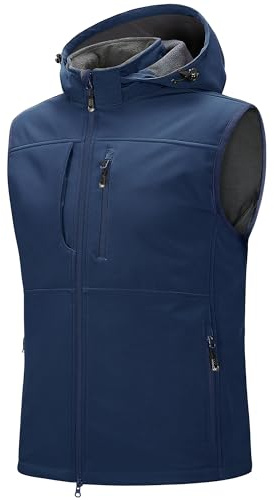 33,000ft Chaleco para hombre al aire libre impermeable softshell sin mangas chaleco de forro polar cálido con capucha cremallera completa chaleco softshell, azul, L