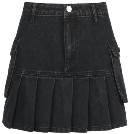 Falda Vaquera Plisada con Bolsillo para Mujer de Moda - Negro - M