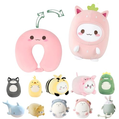 JOYRAVO Cuscino da viaggio per bambini, 2 in 1, deformabile, morbido cuscino a forma di U con simpatici animali di peluche, comodo compagno di sonno e gioco per aerei e viaggi (fragola)