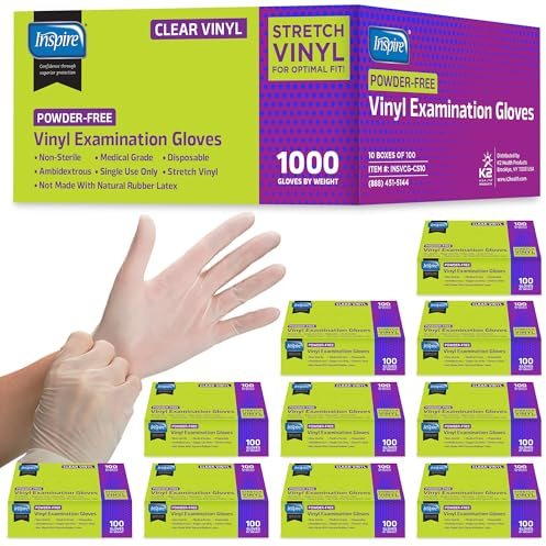 Inspire Exam Medical Clear Vinyl Disposable Gloves - Latex Free for Cleaning, Food Prep (Large)