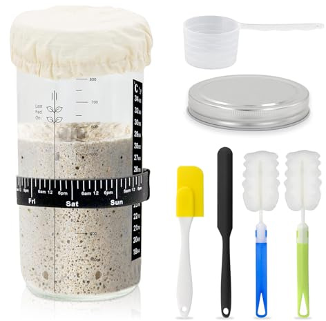 TOKSEO Sourdough Starter Kit per lievito naturale, vetro da 35 oz, vetro fermentato, contenitore in vetro con spatola in silicone, carta per scala di temperatura, copertura in alluminio, rivestimento