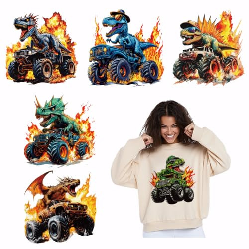 SUPERDANT 6 PCS Dinosaur Truck Iron on Transfers Flame Heat Transfer Film Stickers Set Clothing Iron on Decals for Boy T-Shirt Hoodie Canvas Bags Pillow Jackets DIY Crafts 25x25CM