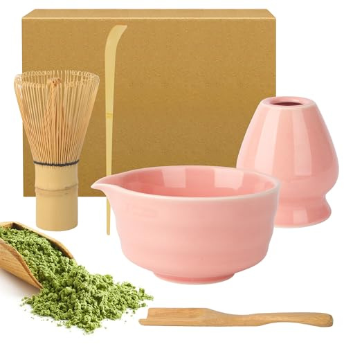 Set Matcha ACOMTOUO Rosa, Ciotola Matcha con Versatore, Porta Frusta in Ceramica e Cucchiaio, Set Matcha 5 Pezzi Progettato per gli Amanti del Matcha
