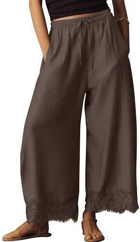 Anoumcy Lace Trim Wide Leg Pants for Women 2026 Spring Summer Cropped Lightweight Casual Pants, Dark Brown, S