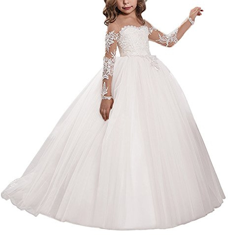ABaoWedding Lace Embroidery Sheer Long Sleeves Kids Trailing Gowns Size 8,White
