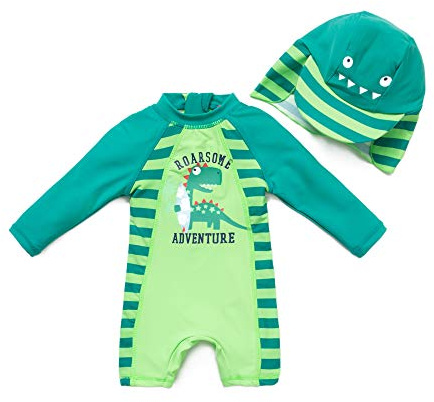 BONVERANO Traje de baño para bebé niño Trajes de baño de una Pieza de Manga Larga Protección UV 50+ Trajes de baño con Cremallera(Verde-Dinosaurio,18-24meses