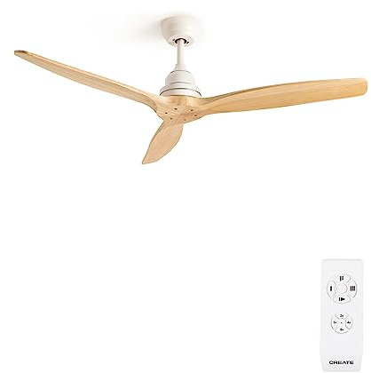 CREATE / WINDWOOD/Ventilador techo blanco aspas madera natural con mando / 75W, Silencioso, Ø132 cm, 3 velocidades, temporizador, 2 alturas