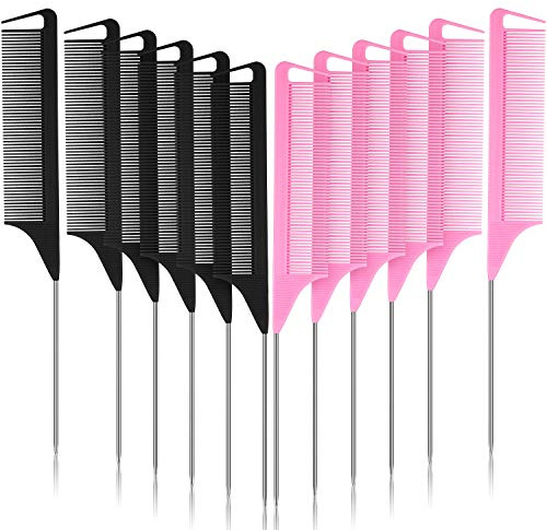 Patelai 12 Pcs Rat Tail Comb for Parting Braiding Hair Carbon Fiber Heat Resistant Teasing Comb Stainless Steel Pintail for Pressing Teasing Hair Styling Salon Hairdressing Home(Pink, Black)