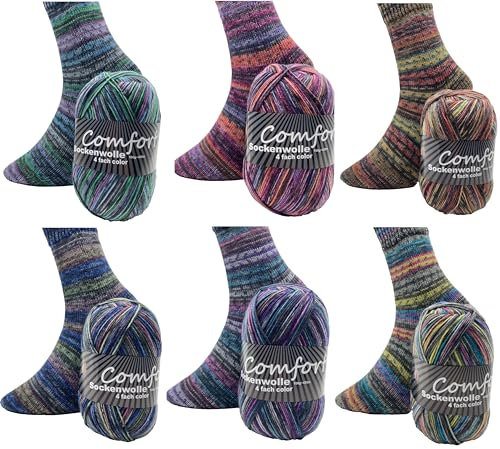 Sockenwolle Strumpfwolle Comfort Color 4-fädig - Farbset 6x100gr - 420m Lauflänge- mehrfarbiger bunter Farbverlauf Set 04