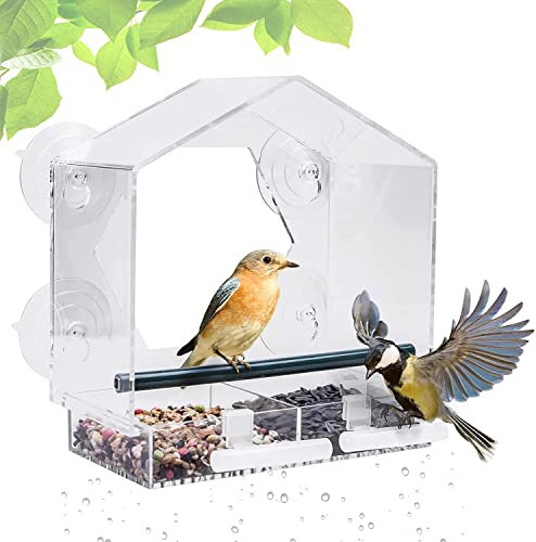 Fubullish Fenster-Vogelhäuschen, transparentes großes Vogelhäuschen mit 4 starken Saugnäpfen und 2 zusätzlichen Vogelständern, abnehmbarem Tablett und Abflusslöchern, für Vögel, 21 x 20 x 10 cm