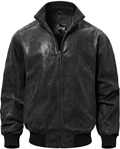 FLAVOR Chaqueta Bomber de Cuero Genuino para Hombre Chaqueta Casual (Negro, XL)