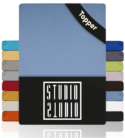 STUDIO Basic Topper Spannbettlaken 90x200cm – Jersey-Spannbetttuch aus 100 % gekämmter Baumwolle – Mittelblau – bügelfrei, elastisch & Oeko-TEX Zertifiziert – für Topper 4–14 cm