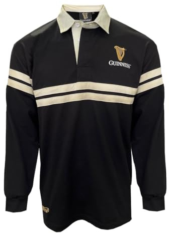 Traditional Craft Guinness Rugby Shirt for Men Ireland Long Sleeve Black Harp Tape, Black, XXL