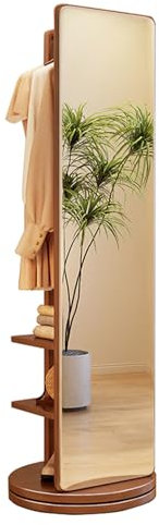 Golvspegel Helkroppsspegel Klädspegel 360° roterande Stående spegel i massivt trä, Fristående Svängbar spegel, omklädningsspegel med klädhängare, för vardagsrum, sovrum och lägenhet