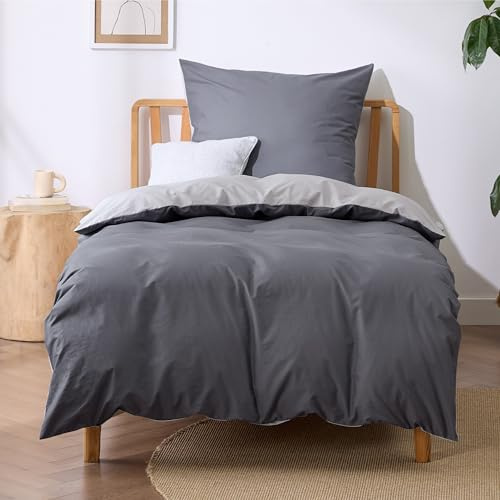 BEDSURE Bettwäsche 135x200 Anthrazit Grau - Baumwolle Bettwäsche-Sets 135 x 200 cm Wendebettwäsche 2teilig mit Kissenbezug 80x80 cm, Oeko-TEX Zweifarbiger Bettbezug mit Reißverschluss