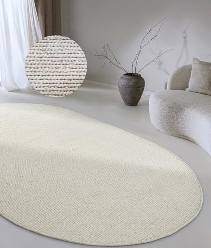 Villeroy & Boch Francois - Alfombra Ovalada de Lana Natural para salón, Tejida a Mano y respetuosa con el Medio Ambiente, para salón, Dormitorio, Comedor, Pasillo, Cocina, Color Blanco Natural, 160 x
