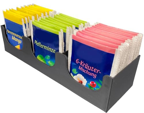 Printin3D Teeregal klein, schwarz, DREI Fächer, selbstklebend, Montage ohne Bohren. DREI Farben zur Auswahl.