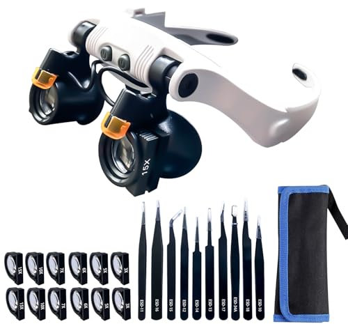 Lupenbrille Mit 2 LEDs, 21 Vergrößerungskombinationen Bis Zu 25x Vergrößerungsbrille Mit 10 Professionellen Antistatischen ESD-Pinzetten Für Uhrenreparatur, Elektronikreparatur Und Schmuckinspektion