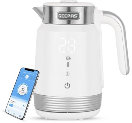 GEEPAS Digital Electric Kettle | 1.7L Wifi Tuya Smart App Control Alexa Google Voice Compatible Digital Display Auto Shut Off Cool Touch Stainless Steel Strix controller | 2 Year Warranty 2200W White