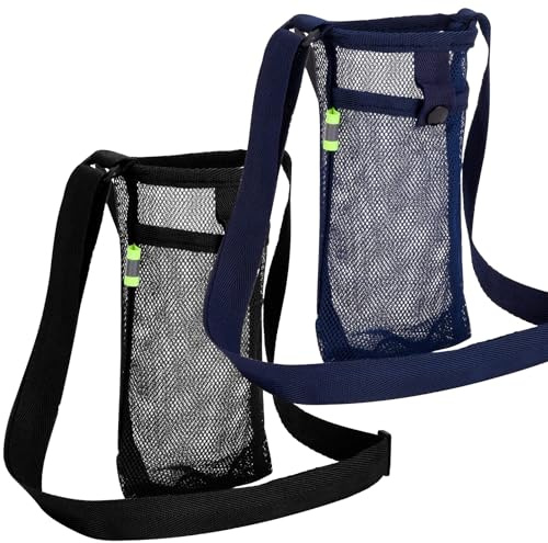 2 PCS Soporte Botella, Bolsa de Malla para Botella de Agua con Hombro Ajustable, Adulto Niño Taza Bolsa Protectora Exterior para Verano Senderismo Gimnasio Campamento Viajes (Negro+Azul marino)
