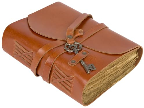 GlobeeCraft Carnet de Voyage Vintage en Cuir Marron Camel avec Clé Papier Coton Fait Main Idéal comme Carnet en Cuir Cahier Cuir ou Journal Intime Femme 18x13 cm