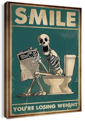 Qiukoo Wall Art Funny Skeleton Picture for Toilet – Framed Bathroom Sign with Hooks, Waterproof and Moisture-Resistant Artwork, Humorous Bathroom Decor Gift, 12x16 Inch