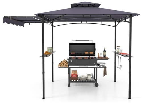 COSTWAY Tonnelle de Barbecue 318 x 153 cm avec Auvent Latéral, Abri Barbecue Cadre en Métal avec Dessus à 2 Niveaux 2 Etagères Latérales Crochets de Suspension Décapsuleur (Gris Foncé)