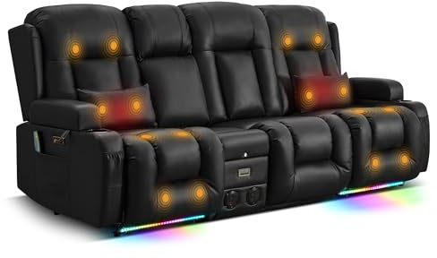 TUNYI Power Loveseat Recliner Sofa with Massage & Heat Home Theater Seating with Console RV Recliner Loveseat Sofa with USB/Storage/Side Pocket/LED Light/Speaker (Black, 3 Seat with Console)