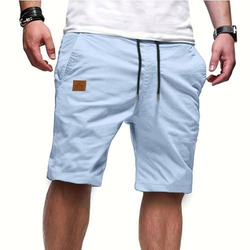 PrimeCrest Pantalones Cortos Hombre Casual Bermudas Verano Chino Algodon con Bolsillos Ligero Transpirables Deporte Gym con Cordones Elásticas Ajustable Cintura Shorts Azul Celeste M