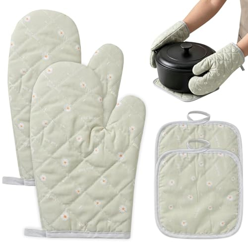 Oven Gloves and Pot Holders Set of 4, 26 cm x 17 cm Heat Resistant Oven Mitts, Fresh Light Green Daisy Pattern Kitchen Gloves for Baking, Cooking, BBQ